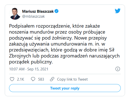 Mariusz Błaszczak tweet rozporządzenie